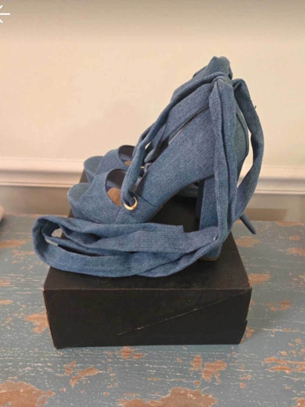 Shoe Dazzle Takkara Denim Crisscross Platform Heels with Ankle Wrap - Picture 3 of 6